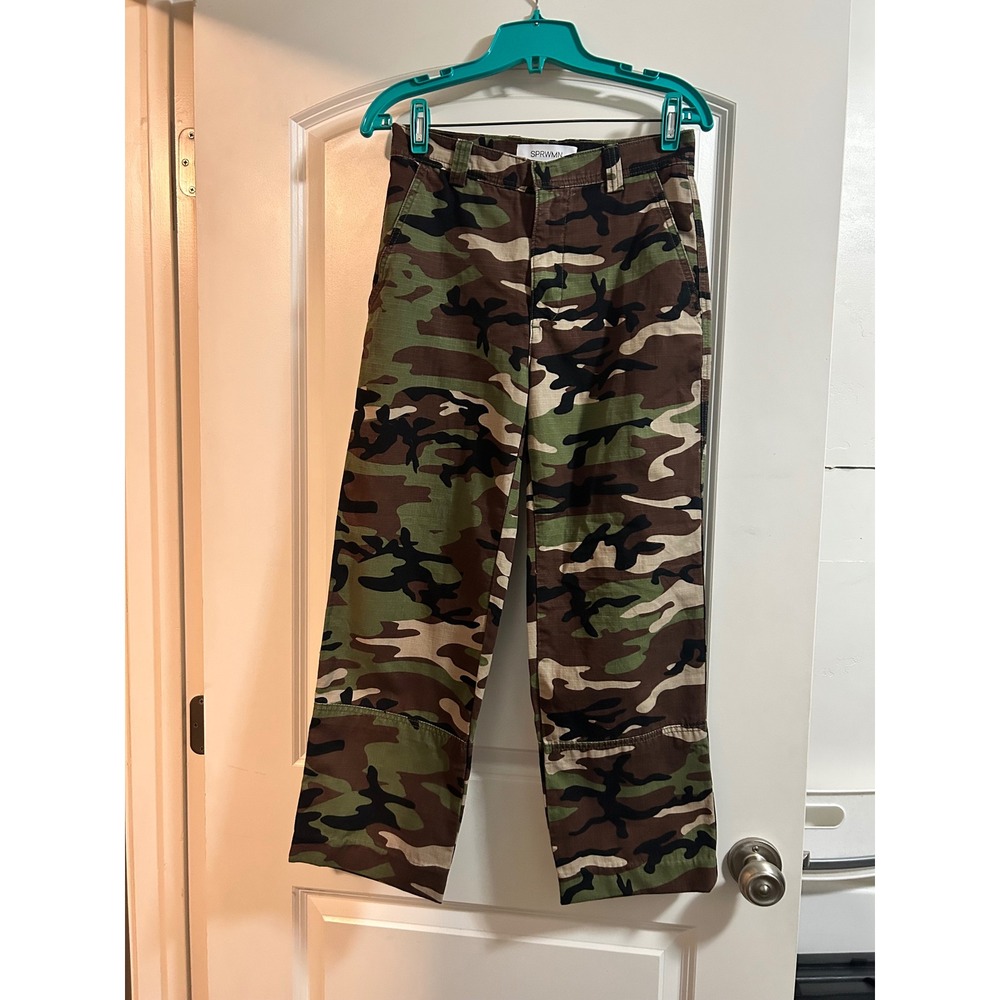 SPRWMN Womens Camo Cotton High Rise Straight Leg Cargo Pants XS Made USA
